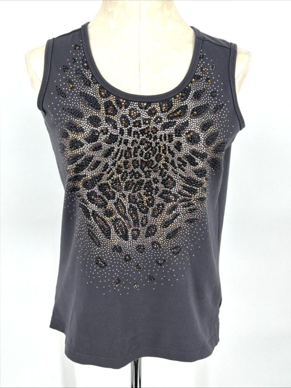 Christine Alexander Tank Top Gray Animal Print Rhinestone Embellished Sz M